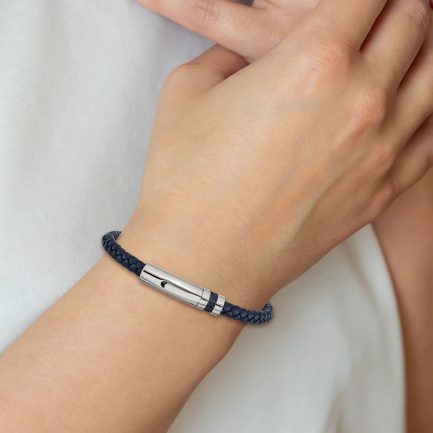 Blue Braided Leather Bracelet in Stainless Steel
