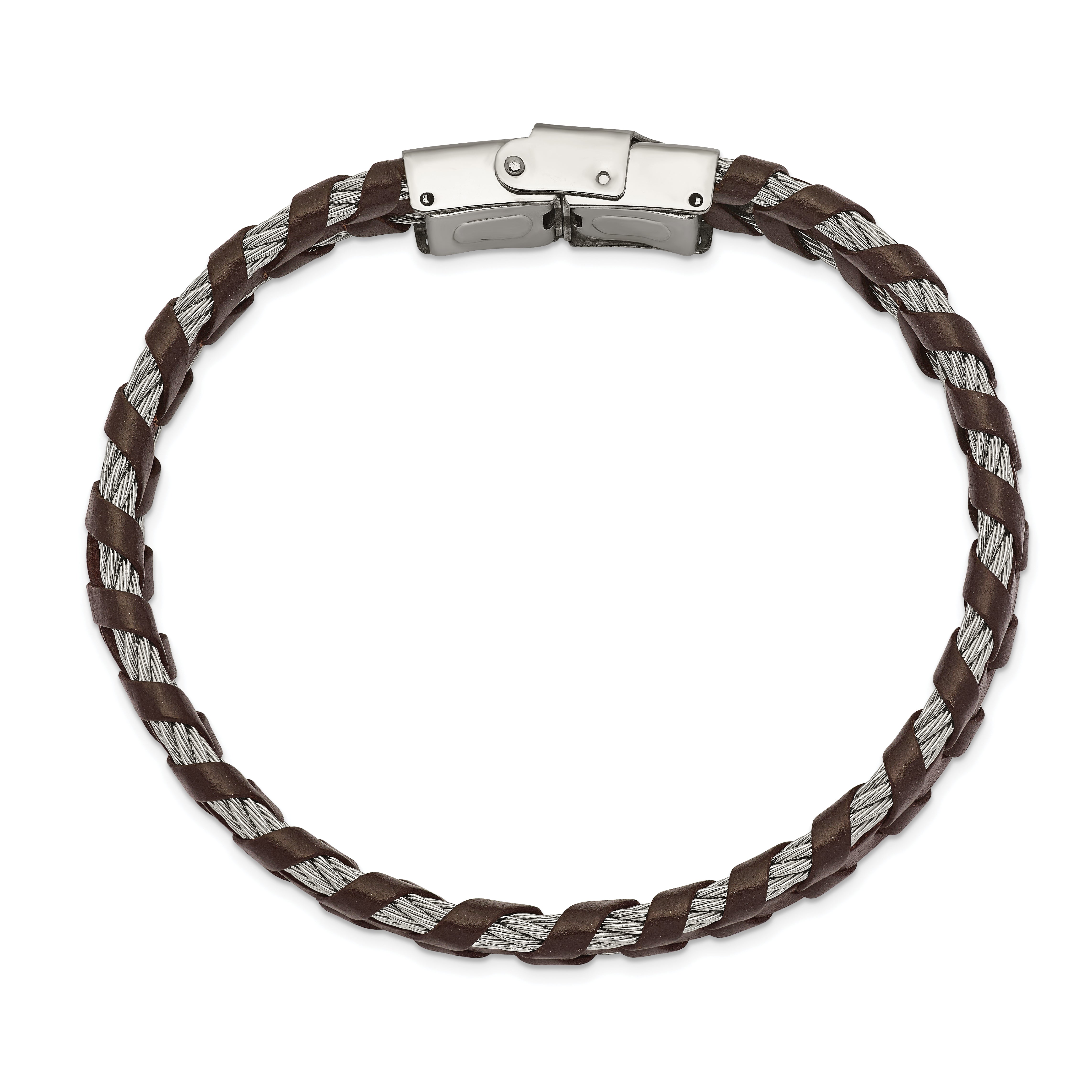 Chisel Stainless Steel Polished Cable and Brown Leather 8.25 inch Bracelet Secondary image