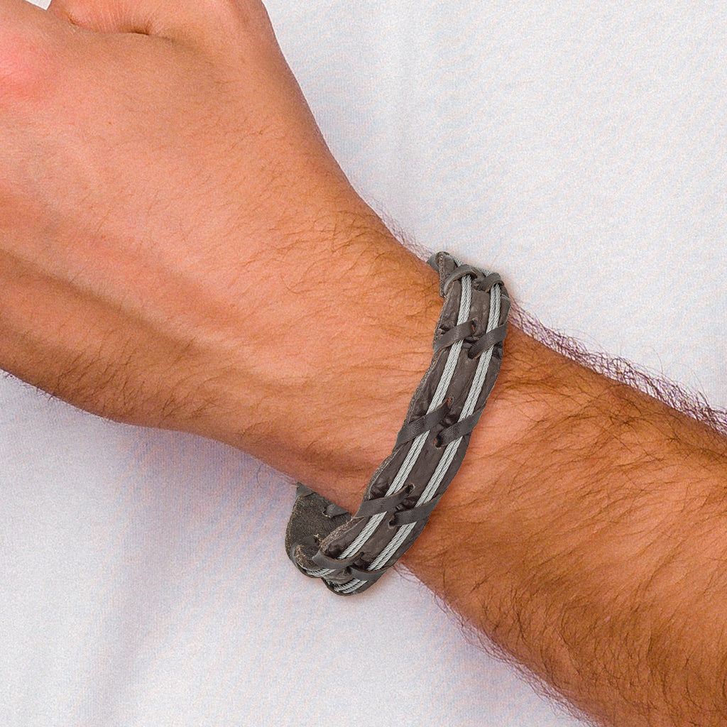 Cable & Brown Leather Bracelet in Stainless Steel
