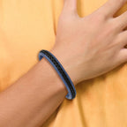 Blue & Black Faux Leather Bracelet in Stainless Steel
