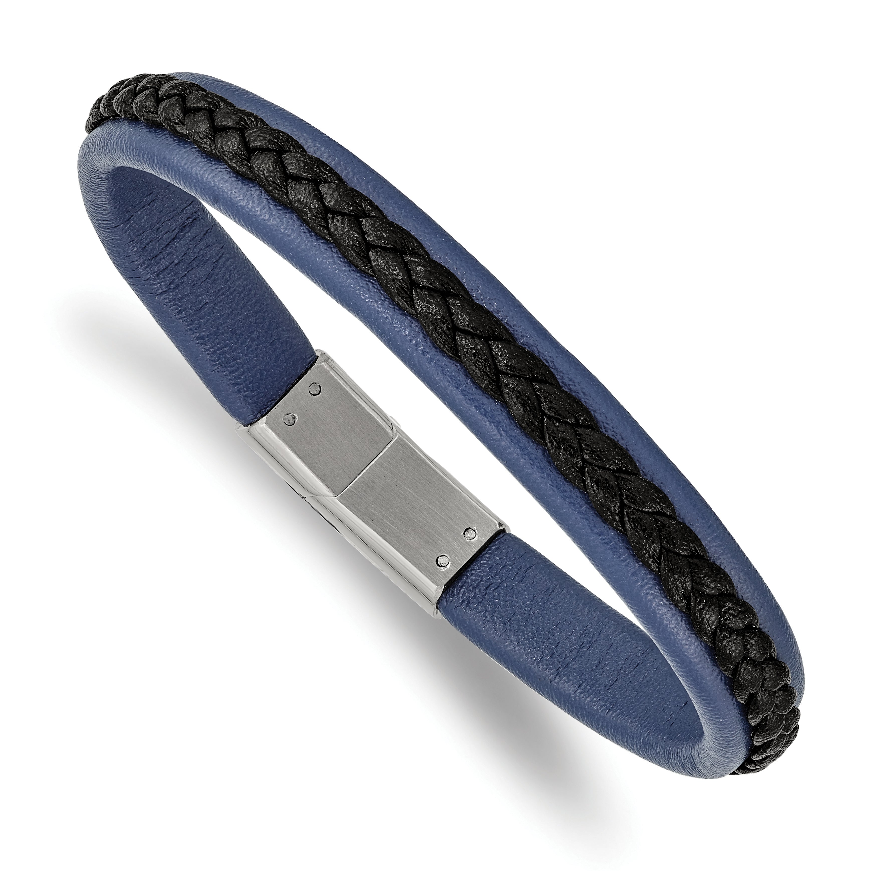 Chisel Stainless Steel Polished Blue and Black Faux Leather 8.25 inch Bracelet Main image