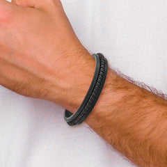 Stainless Steel Polished Black Leather 8.25in Bracelet