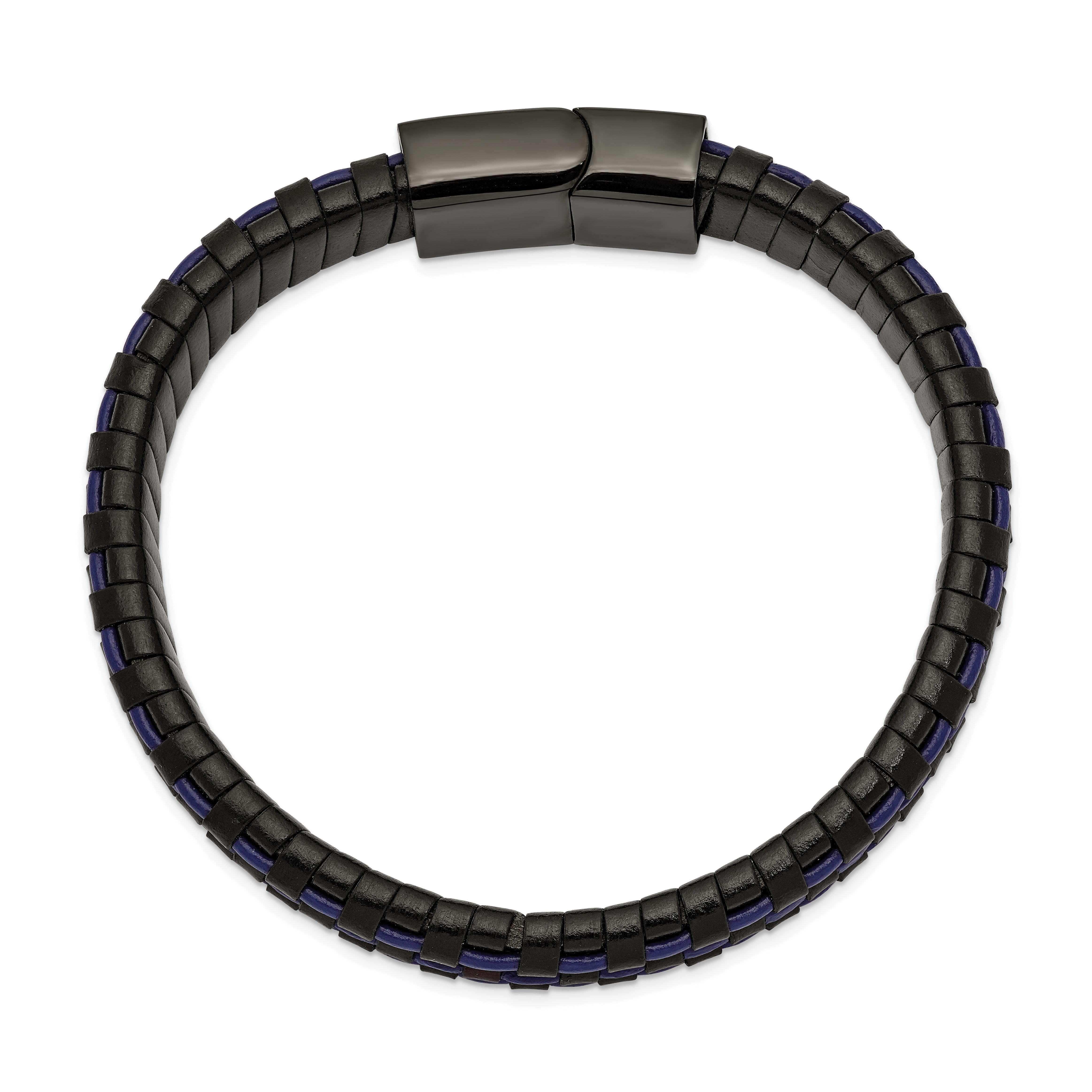 Chisel Stainless Steel Polished Black IP-plated and  Black and Blue Leather 8.25 inch Bracelet