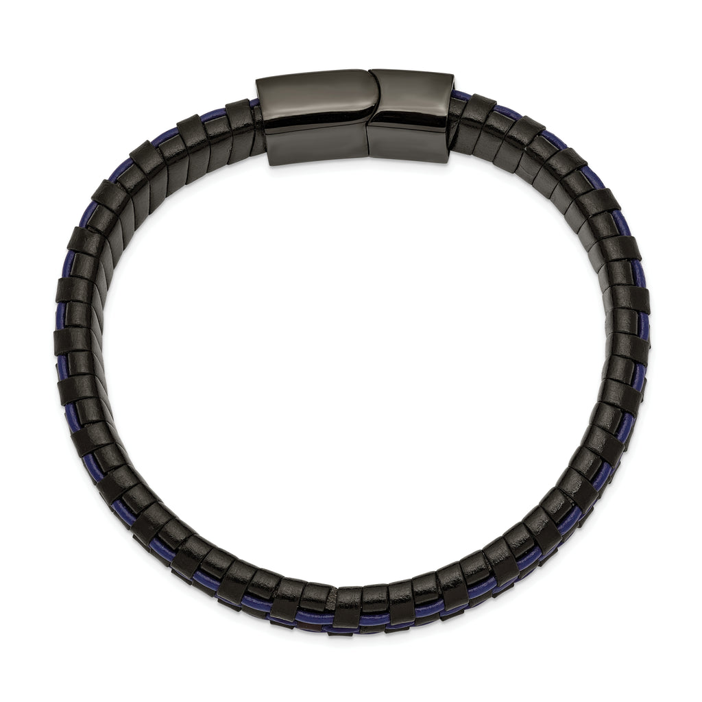 Chisel Stainless Steel Polished Black IP-plated and  Black and Blue Leather 8.25 inch Bracelet