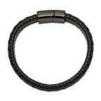 Chisel Stainless Steel Polished Black IP-plated and  Black and Blue Leather 8.25 inch Bracelet