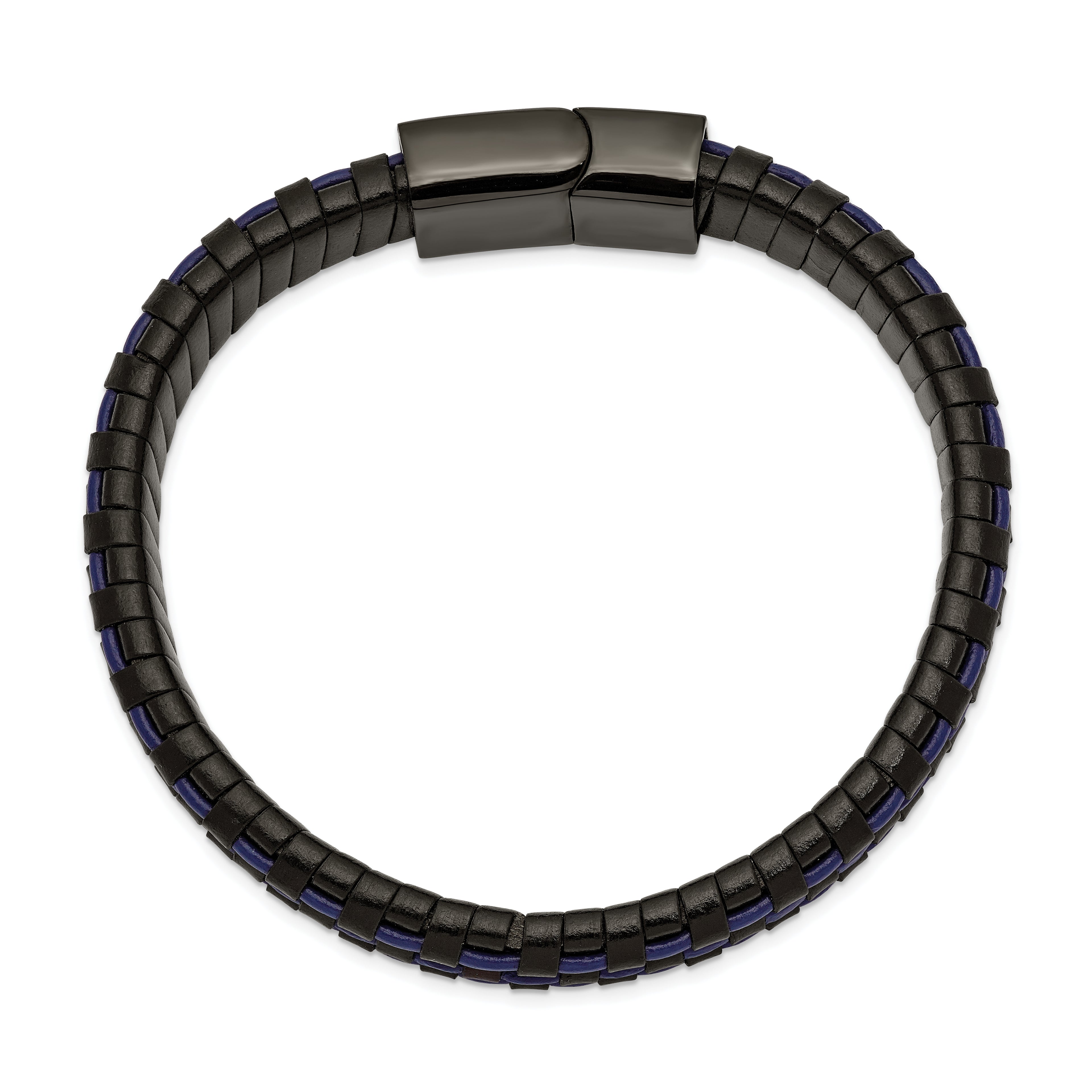 Chisel Stainless Steel Polished Black IP-plated and  Black and Blue Leather 8.25 inch Bracelet