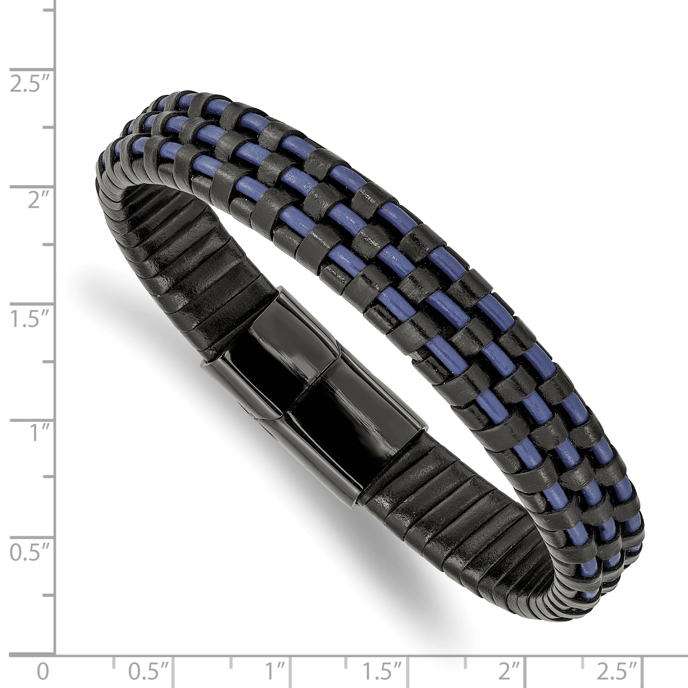 Chisel Stainless Steel Polished Black IP-plated and  Black and Blue Leather 8.25 inch Bracelet