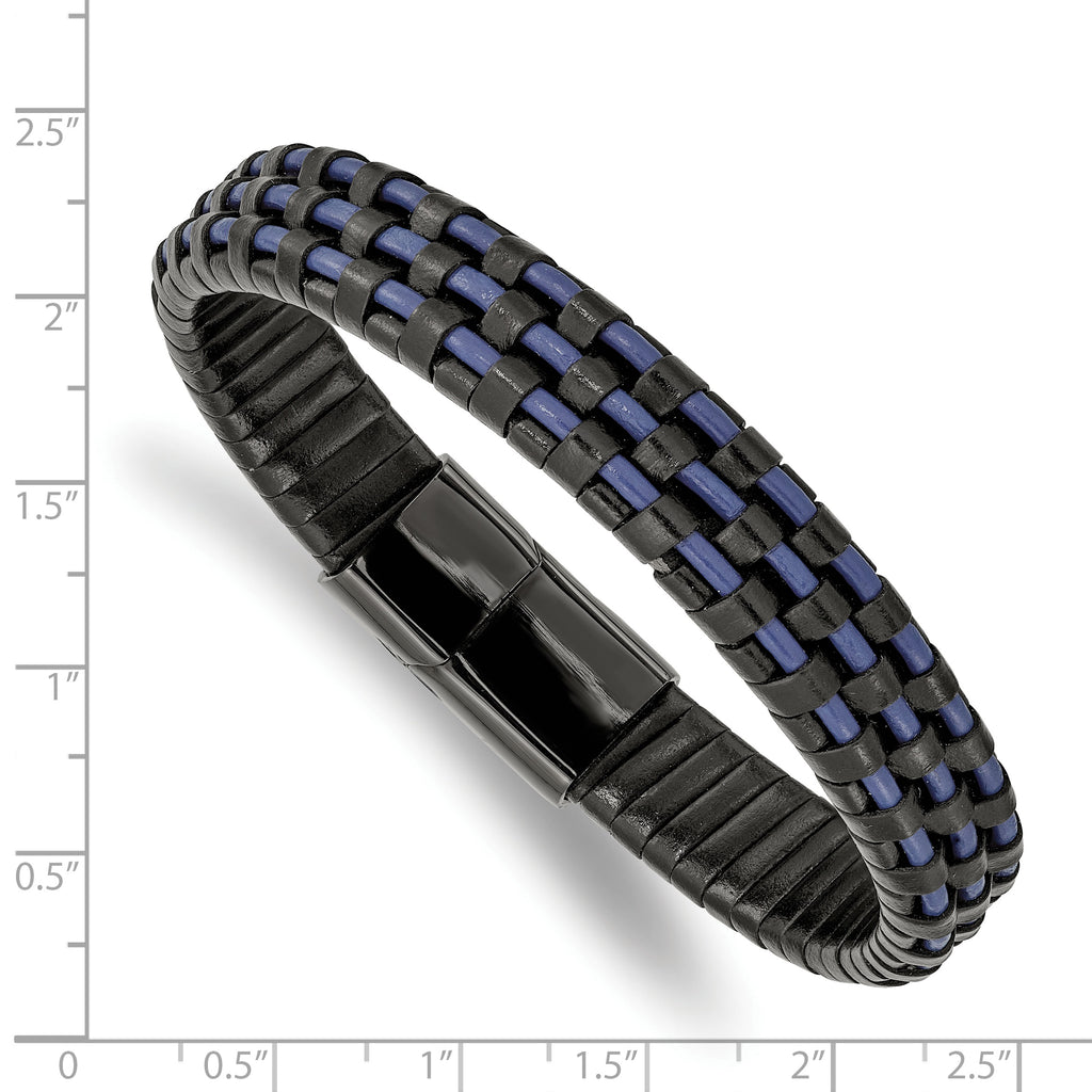 Chisel Stainless Steel Polished Black IP-plated and  Black and Blue Leather 8.25 inch Bracelet