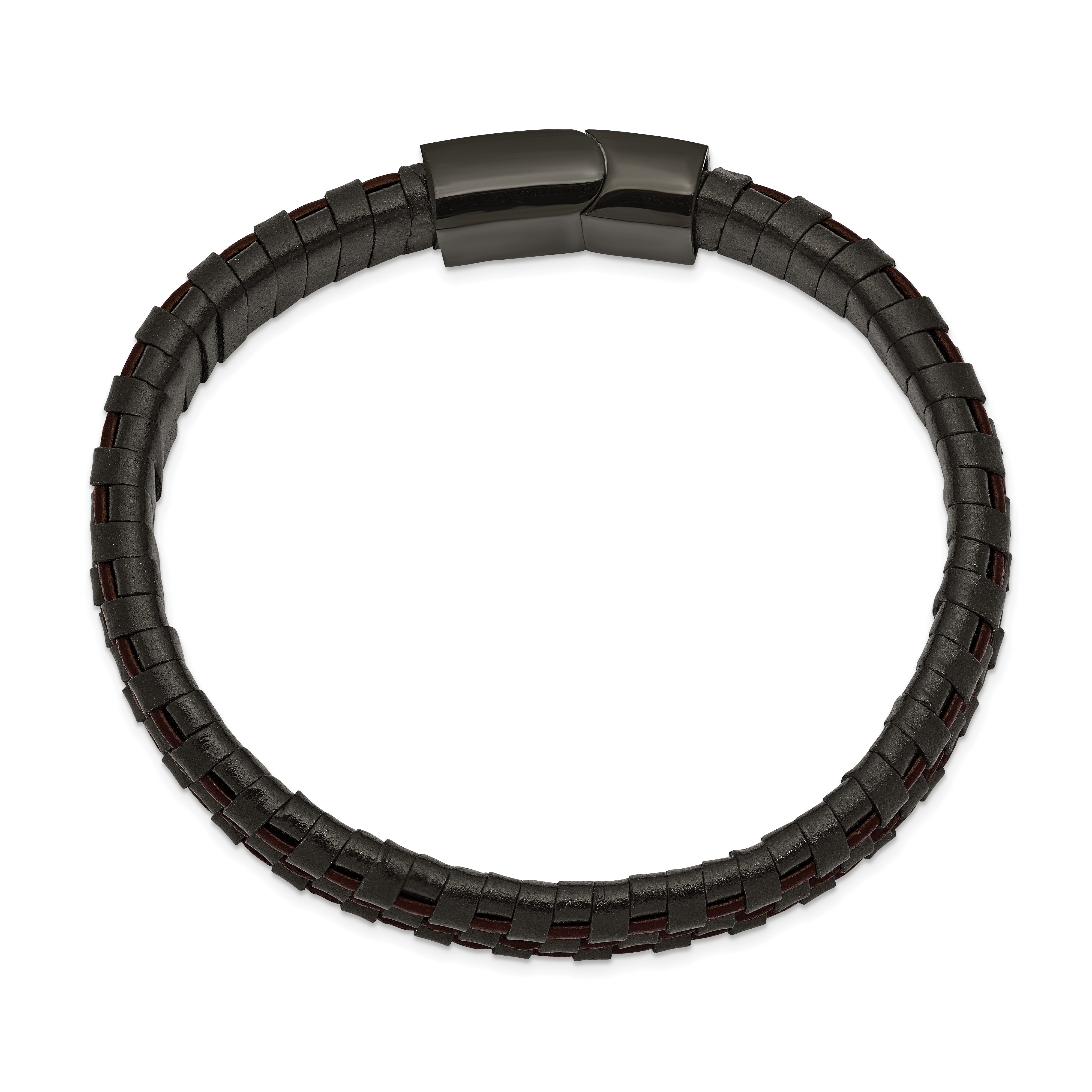 Chisel Stainless Steel Polished Black IP-plated Black and Brown Leather 8.25 inch Bracelet Secondary image