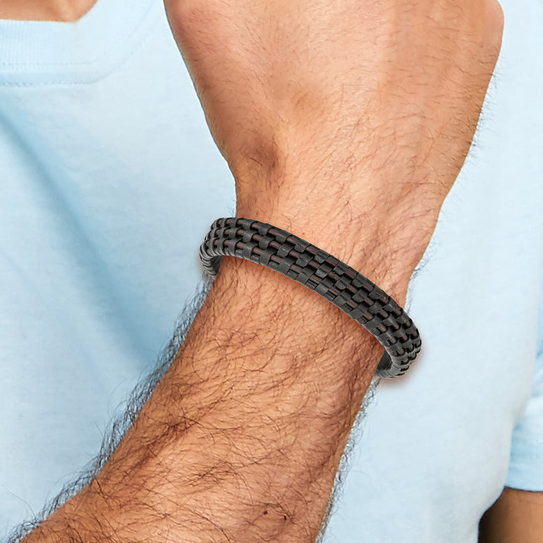 Chisel Stainless Steel Polished Black IP-plated Black and Brown Leather 8.25 inch Bracelet