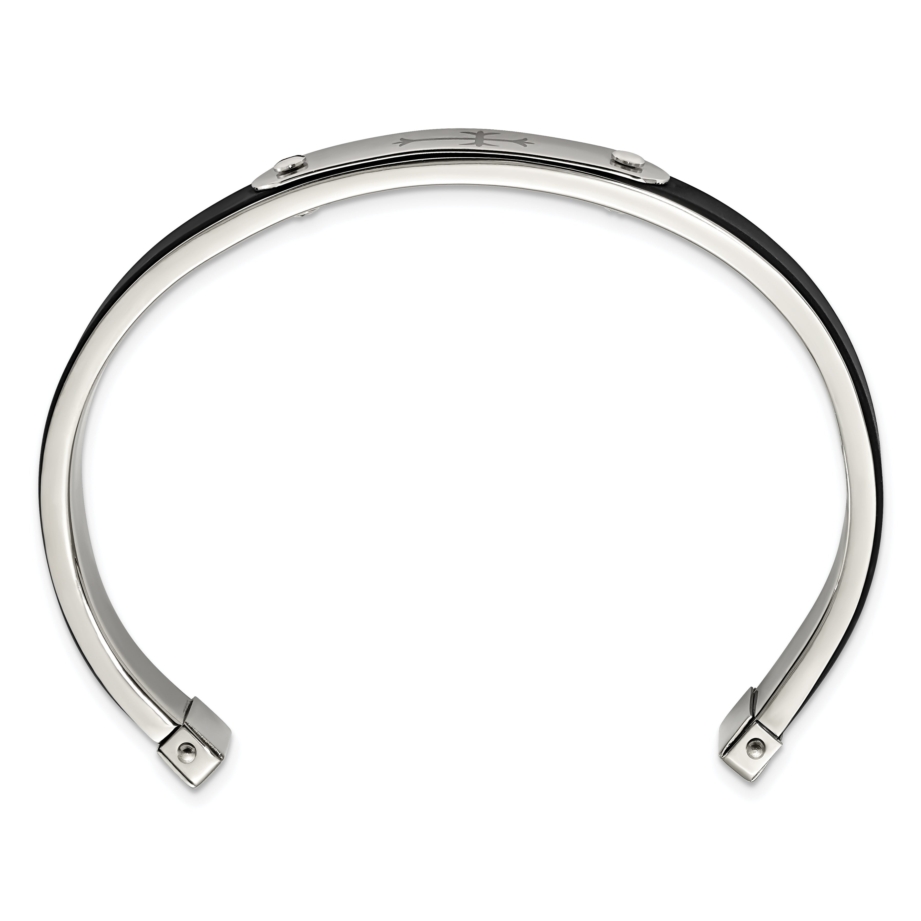 Chisel Stainless Steel Polished with Black Rubber Laser Etched Cross Cuff Bangle