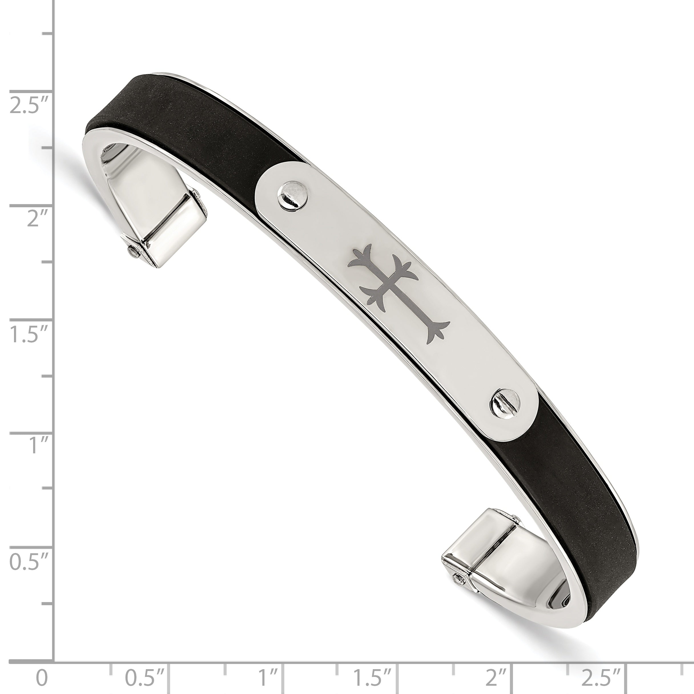Chisel Stainless Steel Polished with Black Rubber Laser Etched Cross Cuff Bangle