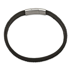 Chisel Stainless Steel Polished Textured Black Italian Leather 8.75 inch Bracelet - 8.75