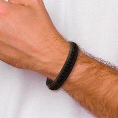 Chisel Stainless Steel Polished Textured Black Italian Leather 8.75 inch Bracelet - 8.75
