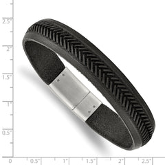 Chisel Stainless Steel Polished Textured Black Italian Leather 8.75 inch Bracelet - 8.75