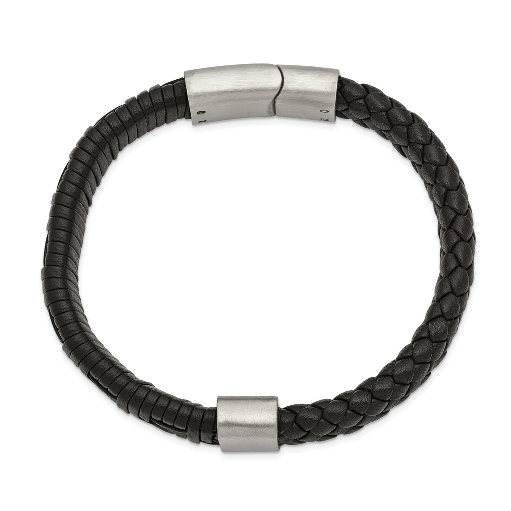 Brushed Bracelet in Stainless Steel & Black Leather