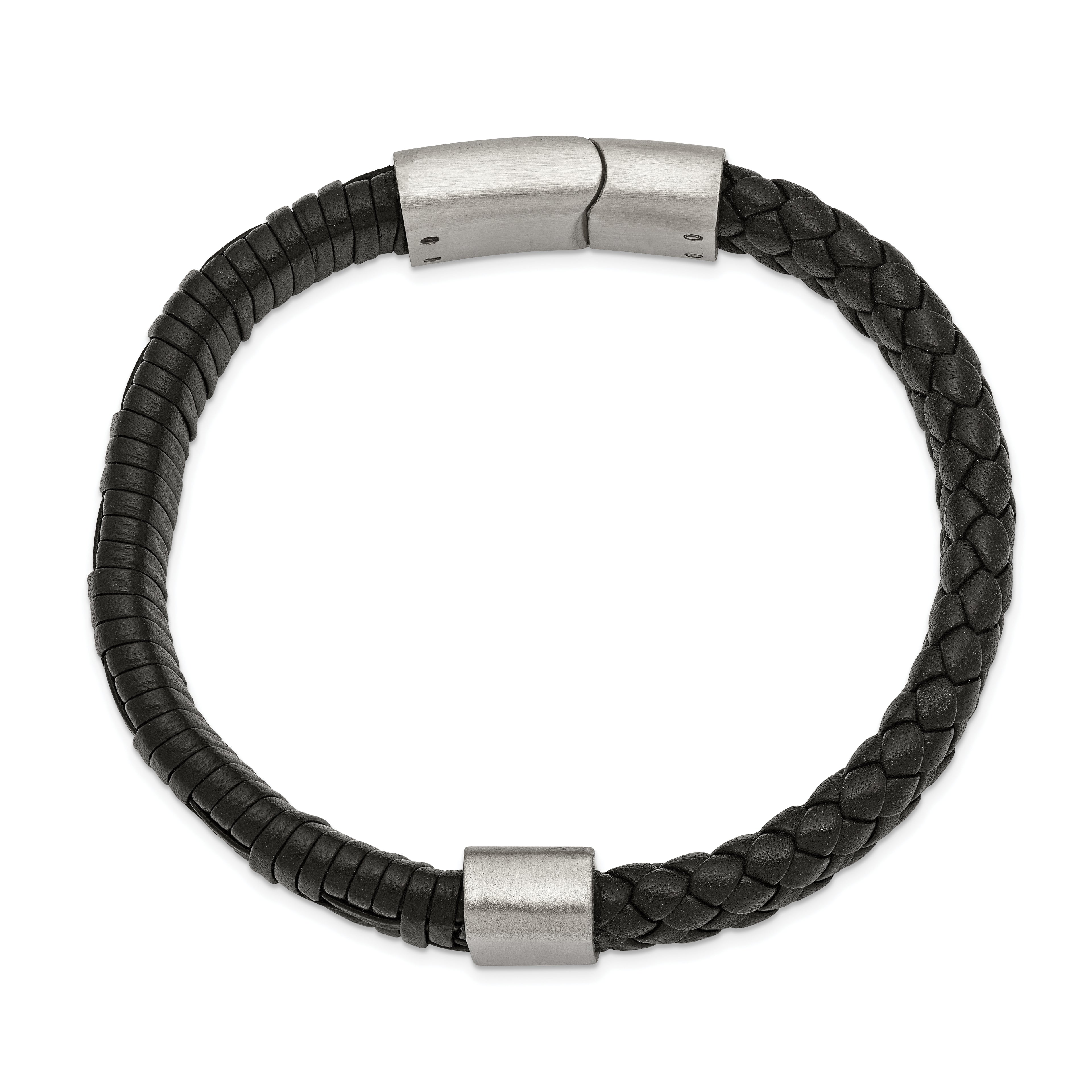 Brushed Bracelet in Stainless Steel & Black Leather