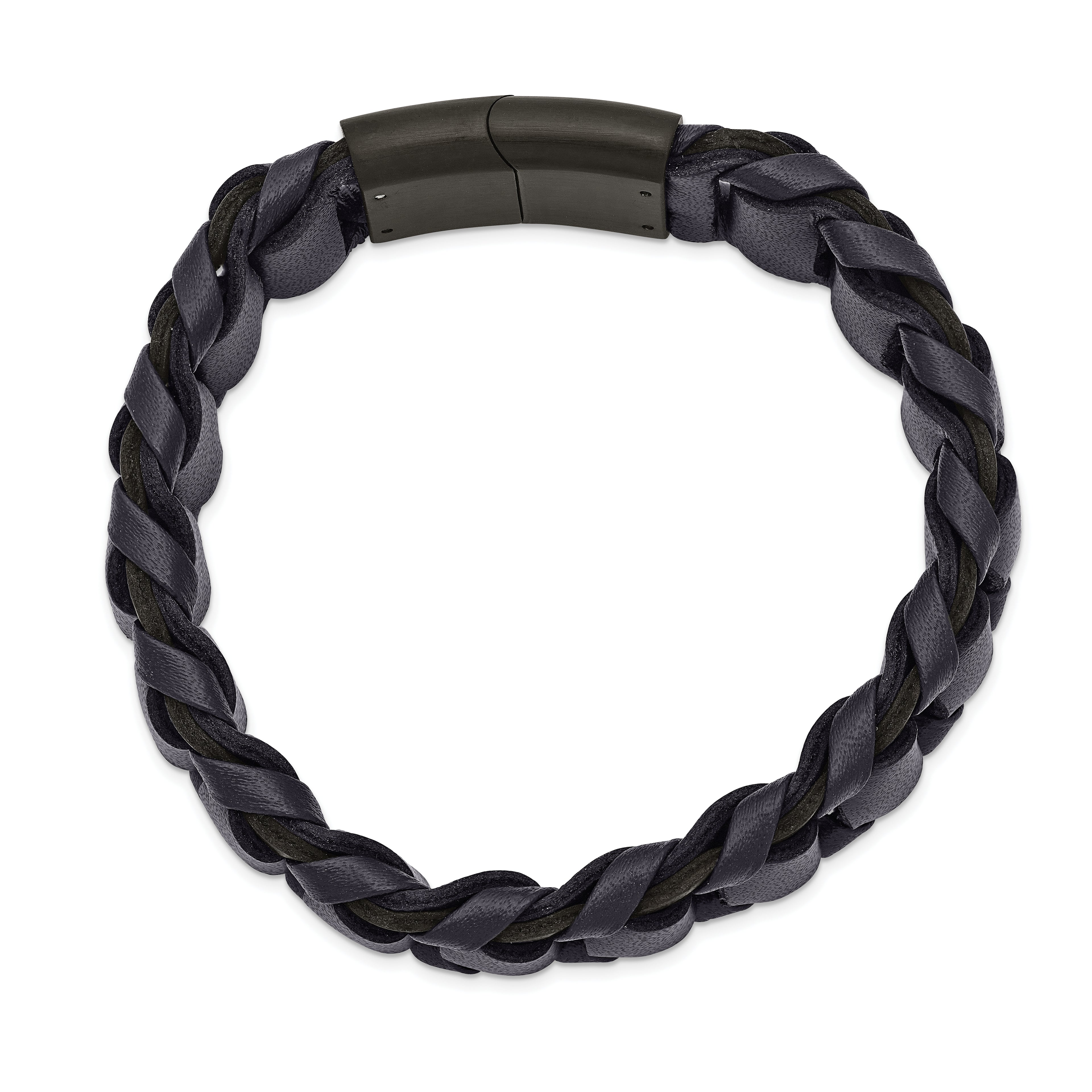 Brushed Black Leather Bracelet in Stainless Steel