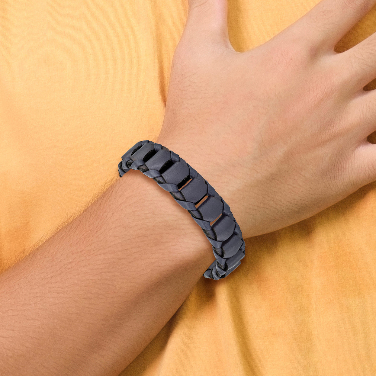 Brushed Black Leather Bracelet in Stainless Steel
