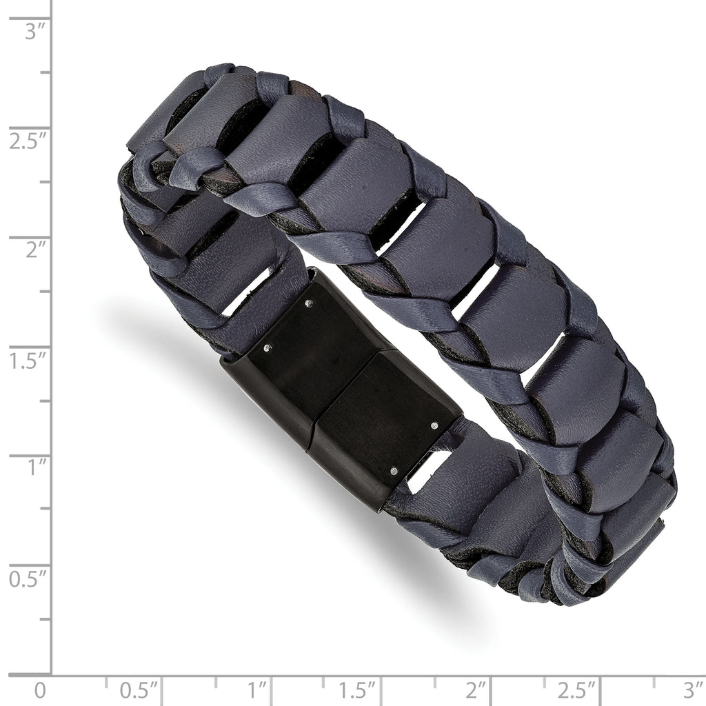 Brushed Black Leather Bracelet in Stainless Steel
