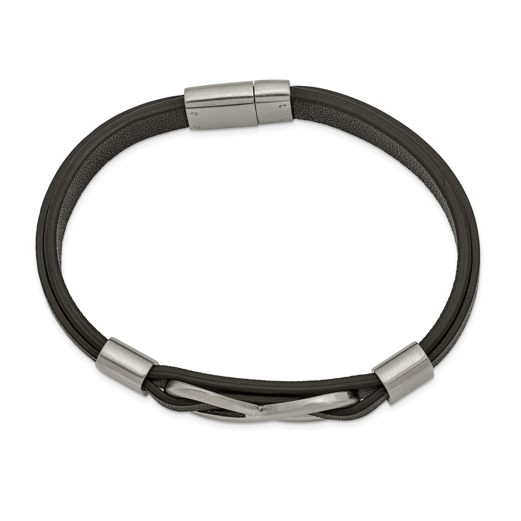 Chisel Stainless Steel Brushed and Polished Infinity Symbol Black Leather 8 inch Bracelet