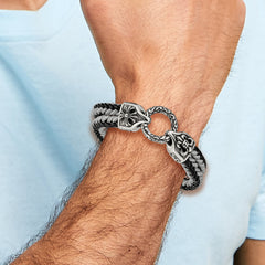 Stainless Steel Antiqued & Polished Leather/Cotton Braided 8in Bracelet - 8