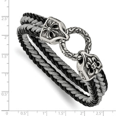 Stainless Steel Antiqued & Polished Leather/Cotton Braided 8in Bracelet - 8