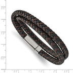 Black & Brown Braided Leather Wrap Bracelet in Stainless Steel