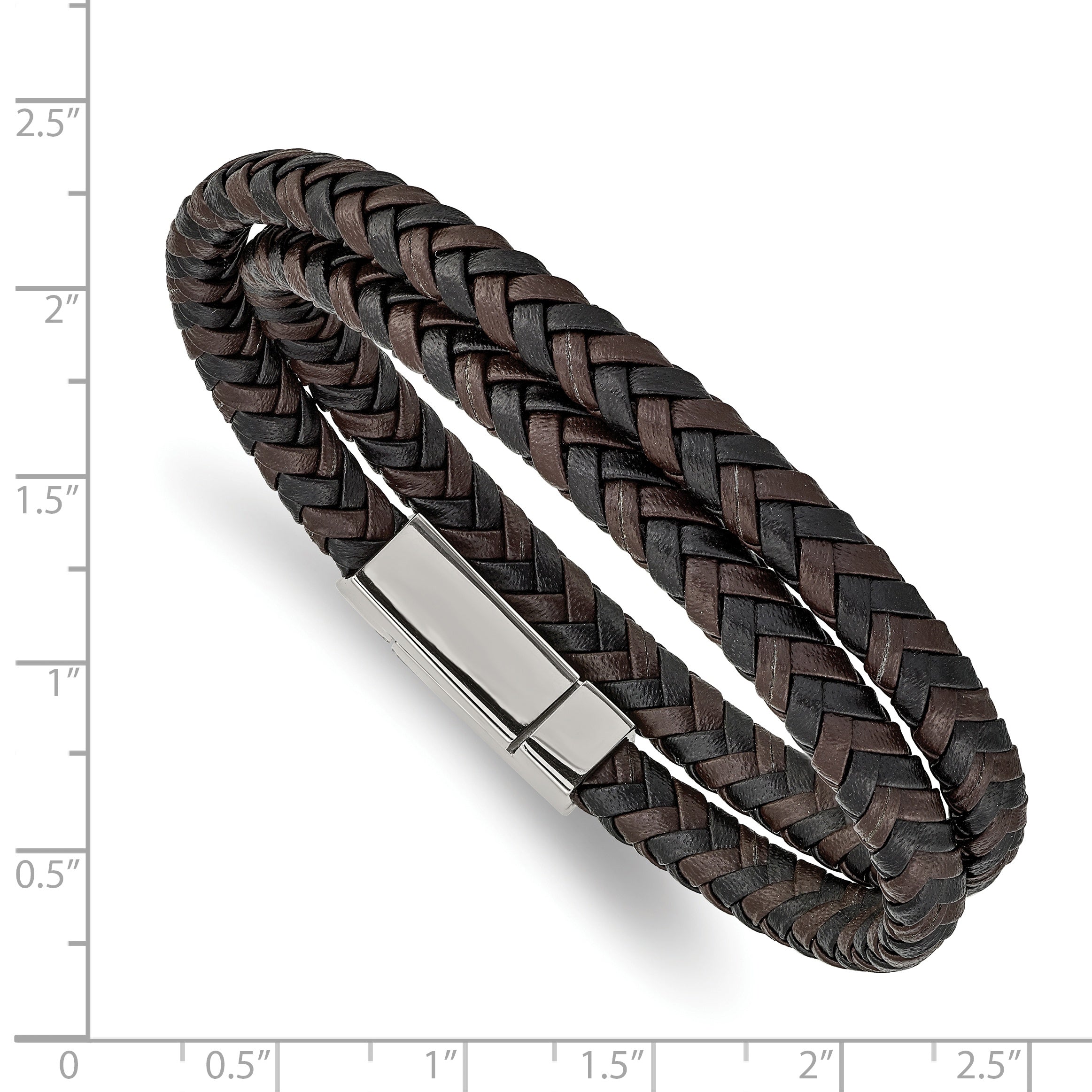 Black & Brown Braided Leather Wrap Bracelet in Stainless Steel