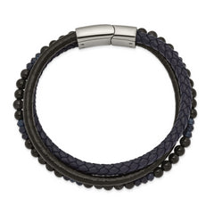 Chisel Stainless Steel Polished Multi Strand Blue Chalcedony and Tiger's Eye Beaded Black and Blue Leather 8.25 inch Bracelet - 8.25