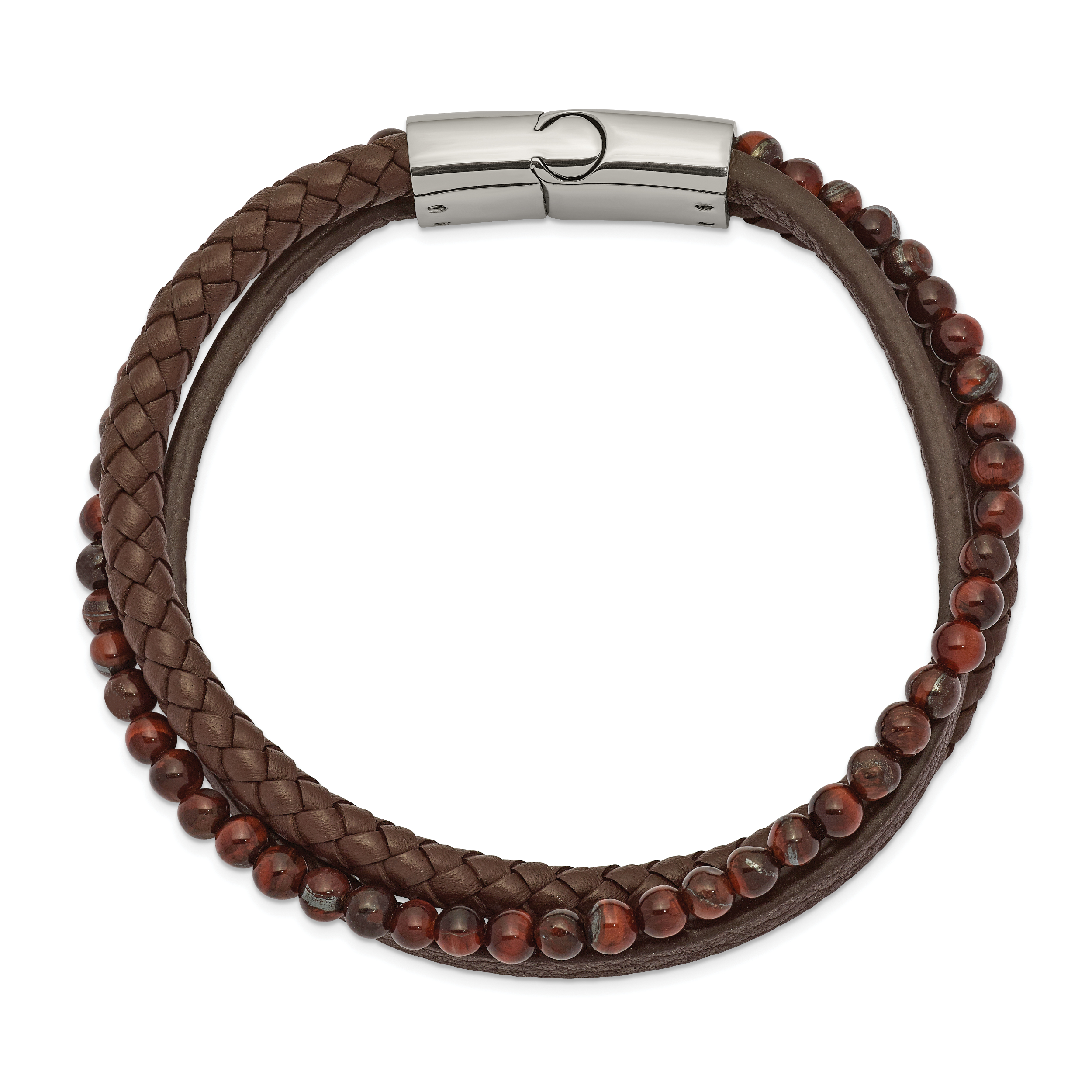 Chisel Stainless Steel Polished Multi Strand Tiger's Eye Beaded Brown Leather 8.25 inch Bracelet Secondary image