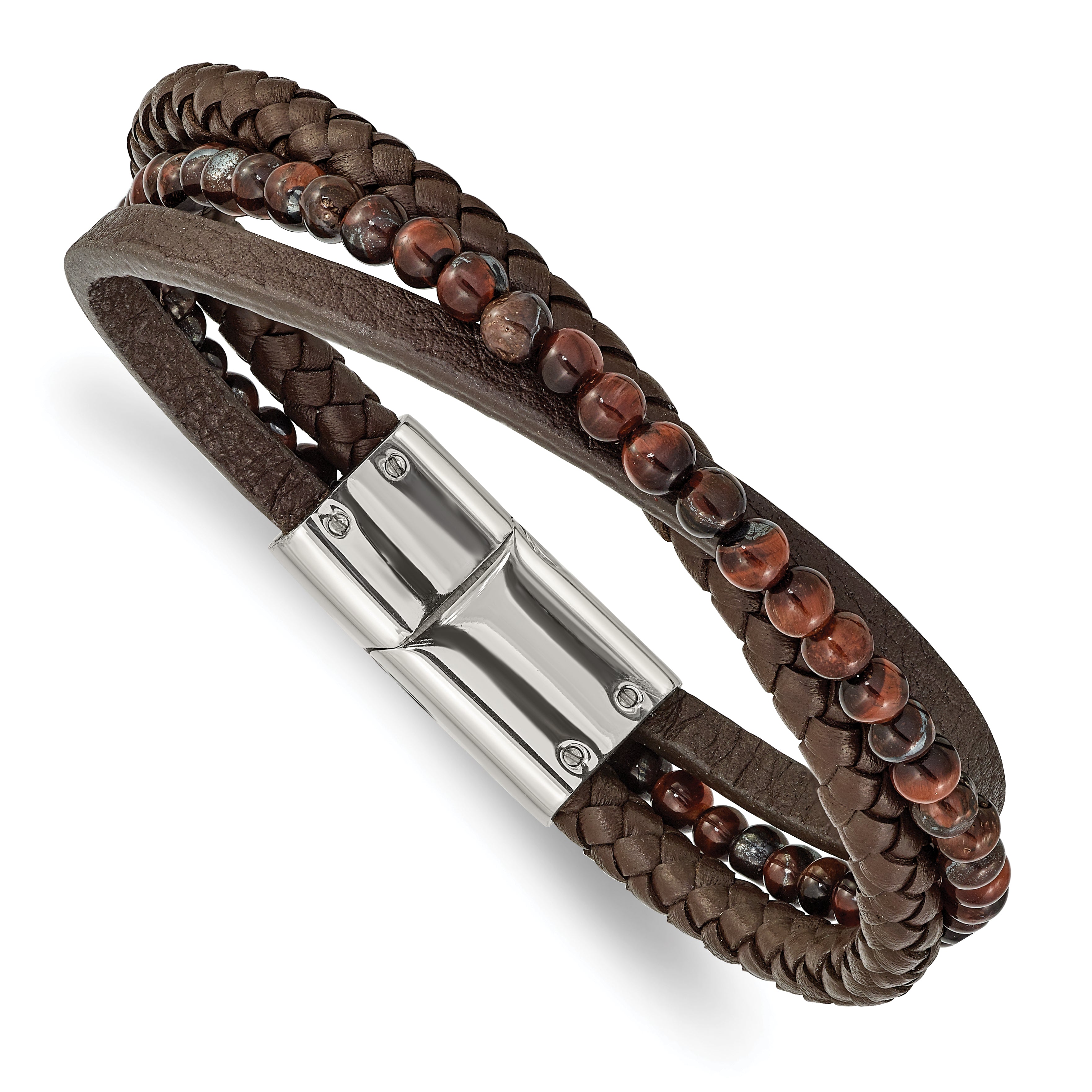 Chisel Stainless Steel Polished Multi Strand Tiger's Eye Beaded Brown Leather 8.25 inch Bracelet Main image