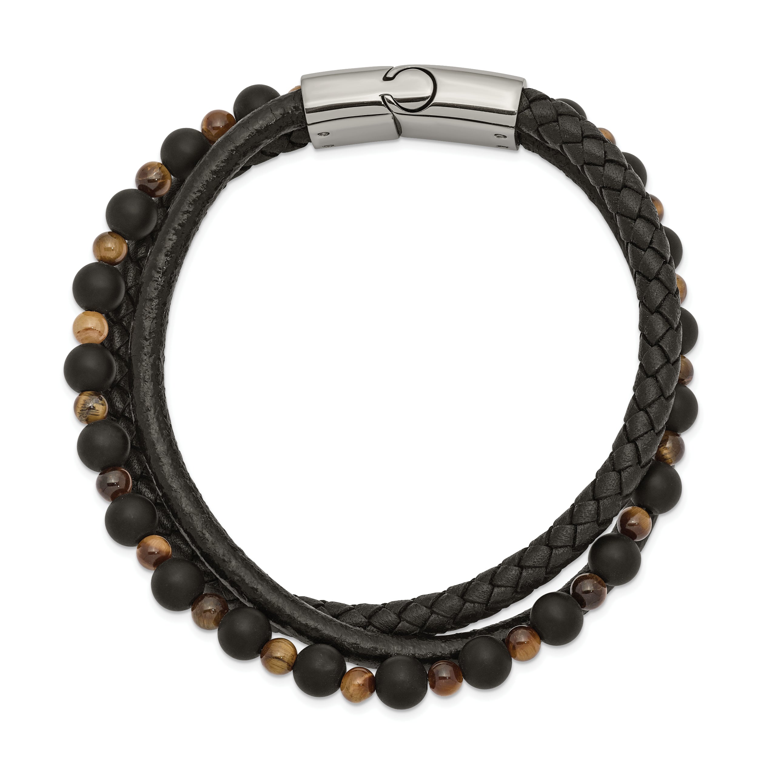 Chisel Stainless Steel Polished Multi Strand Tiger's Eye and Black Agate Beaded Black Leather 8.25 inch Bracelet - 8.25