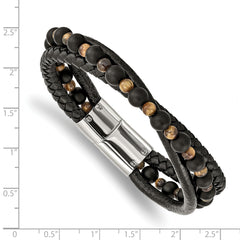 Chisel Stainless Steel Polished Multi Strand Tiger's Eye and Black Agate Beaded Black Leather 8.25 inch Bracelet - 8.25