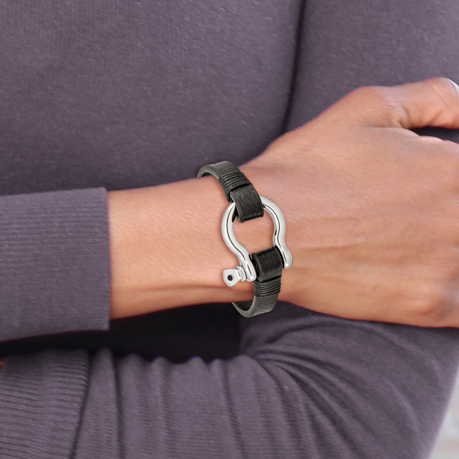 Shackle Bracelet in Stainless Steel with Black Leather