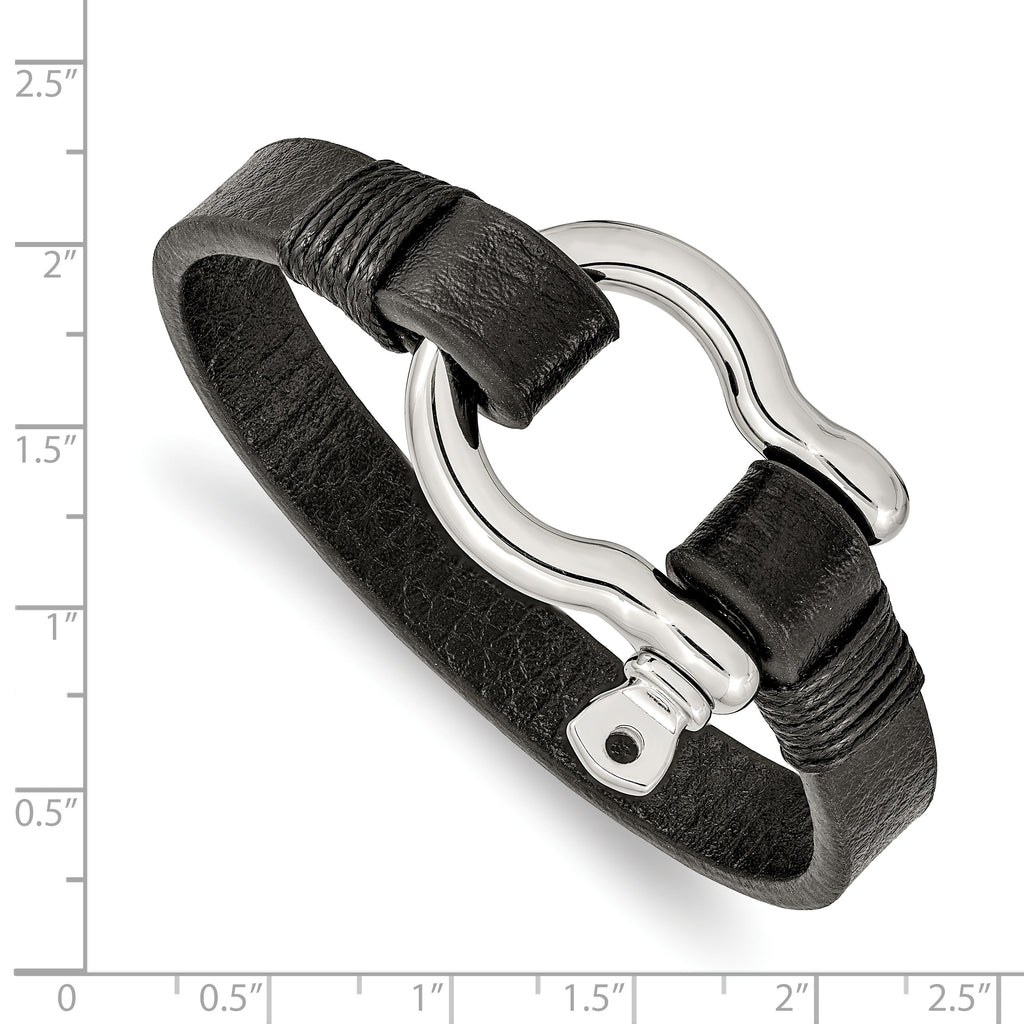 Shackle Bracelet in Stainless Steel with Black Leather