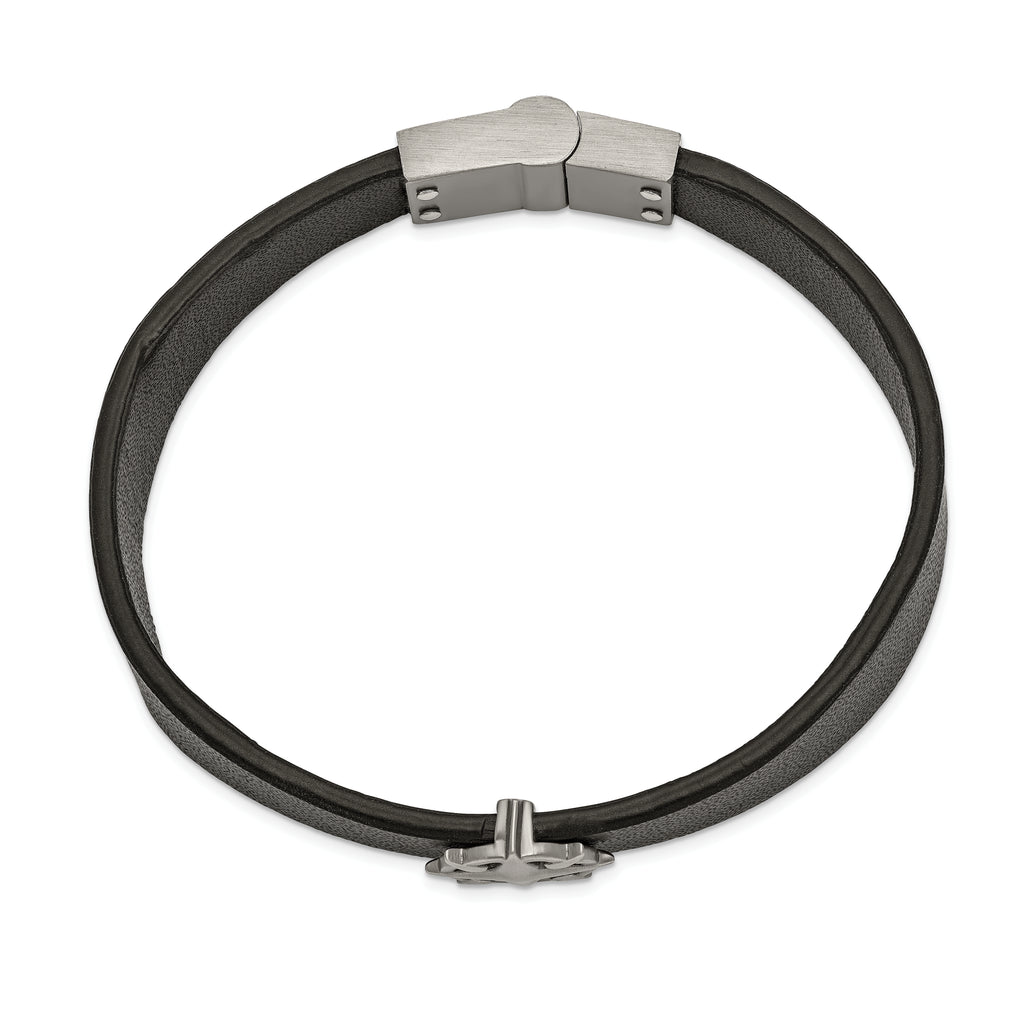 Compass Bracelet in Stainless Steel & Black Leather
