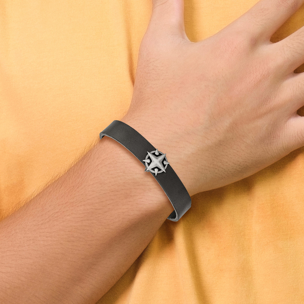 Compass Bracelet in Stainless Steel & Black Leather