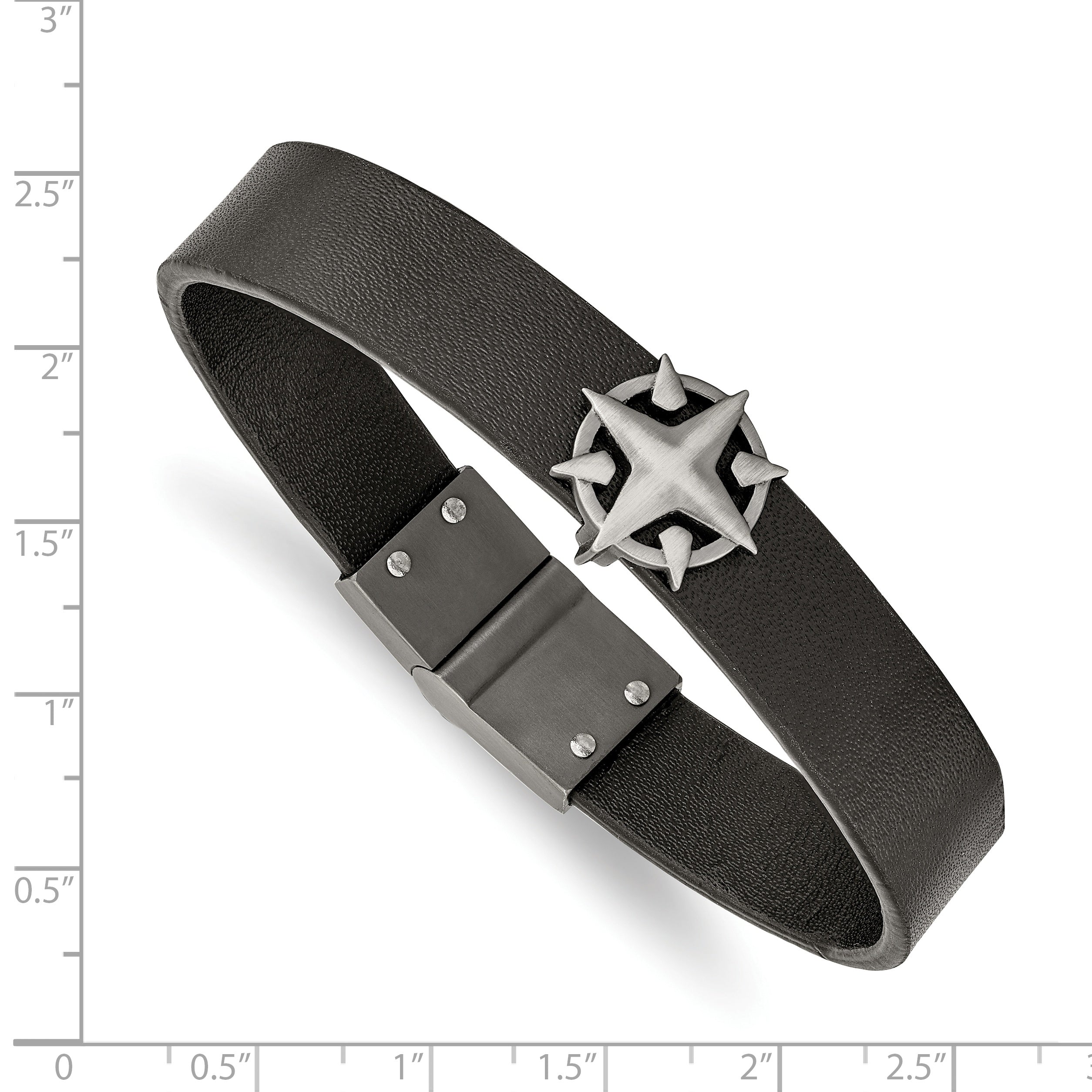 Chisel Stainless Steel Brushed Antiqued White Bronze-plated Compass Black Leather 8.25 inch Bracelet - 8.25