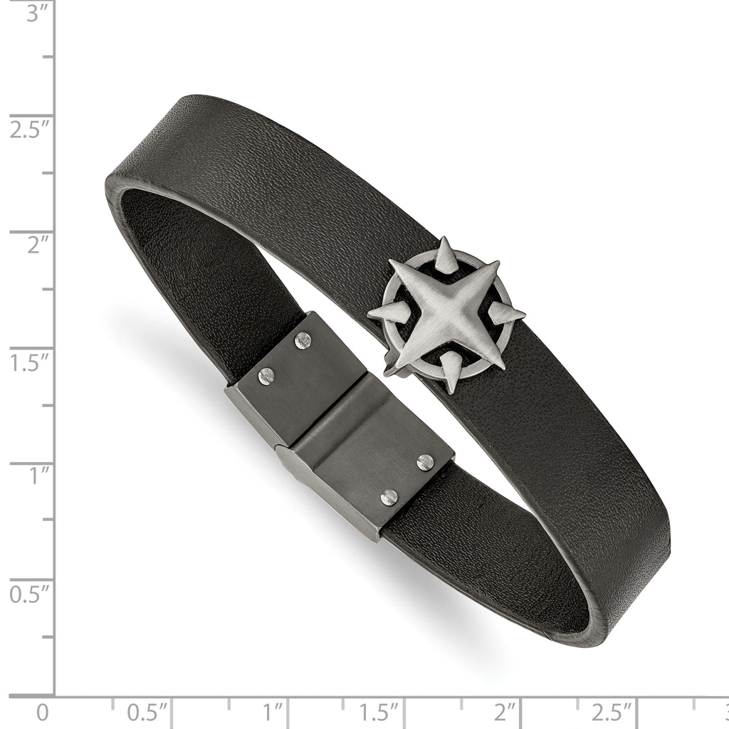 Compass Bracelet in Stainless Steel & Black Leather