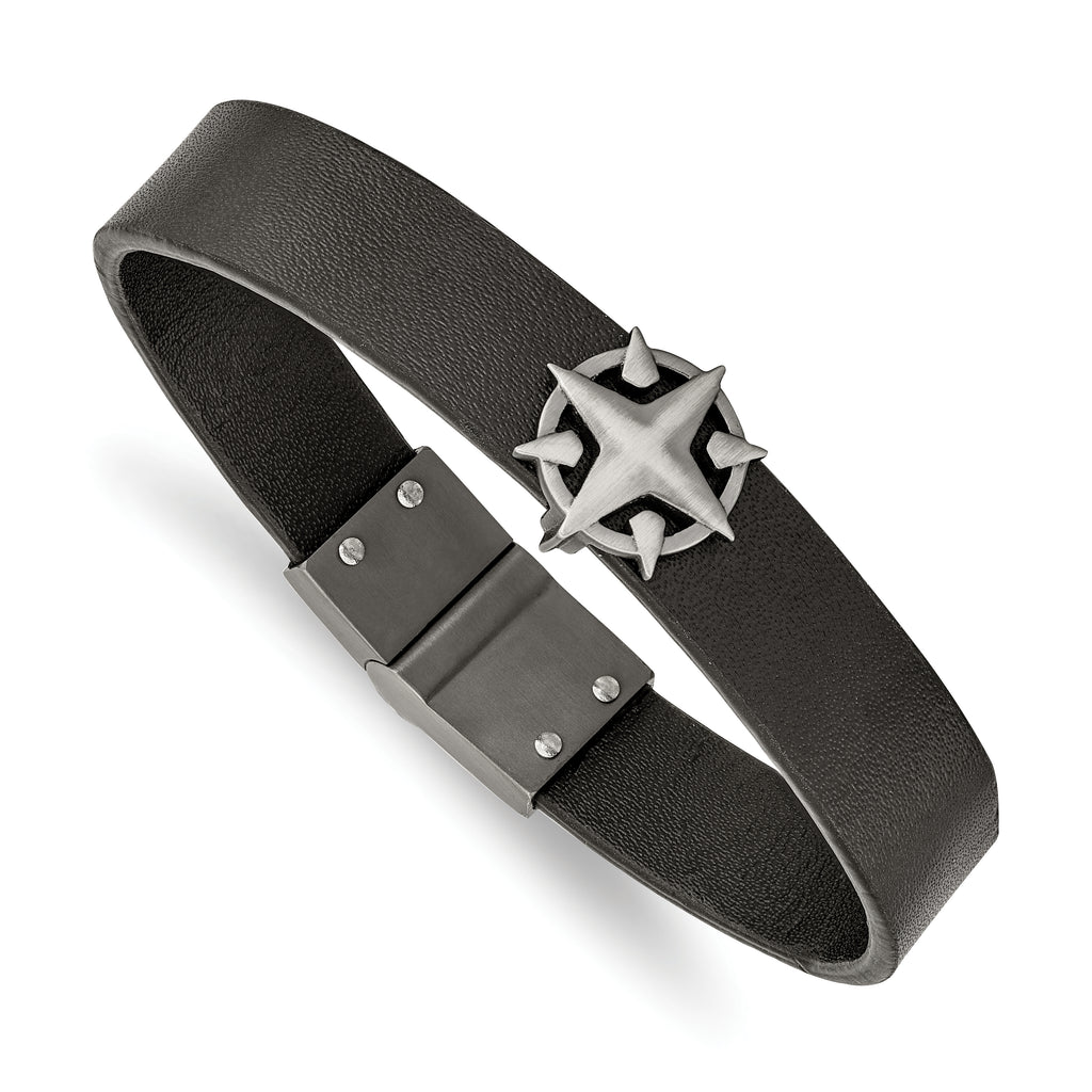 Chisel Stainless Steel Brushed Antiqued White Bronze-plated Compass Black Leather 8.25 inch Bracelet