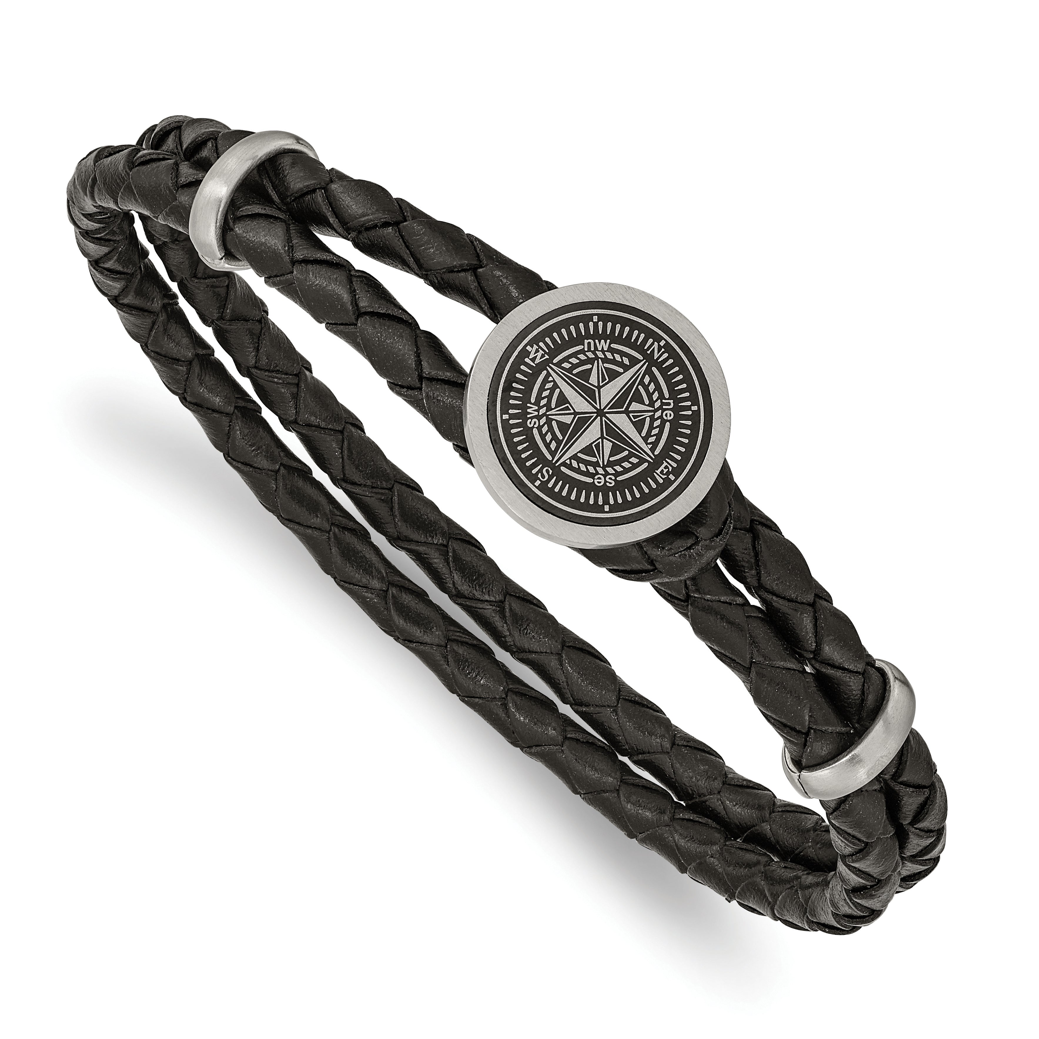 Chisel Stainless Steel Brushed Laser Design Compass Black Woven Leather 8.5 inch Bracelet Main image