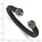 Chisel Stainless Steel Antiqued and Polished Black Leather Celtic Cross Cuff Bangle