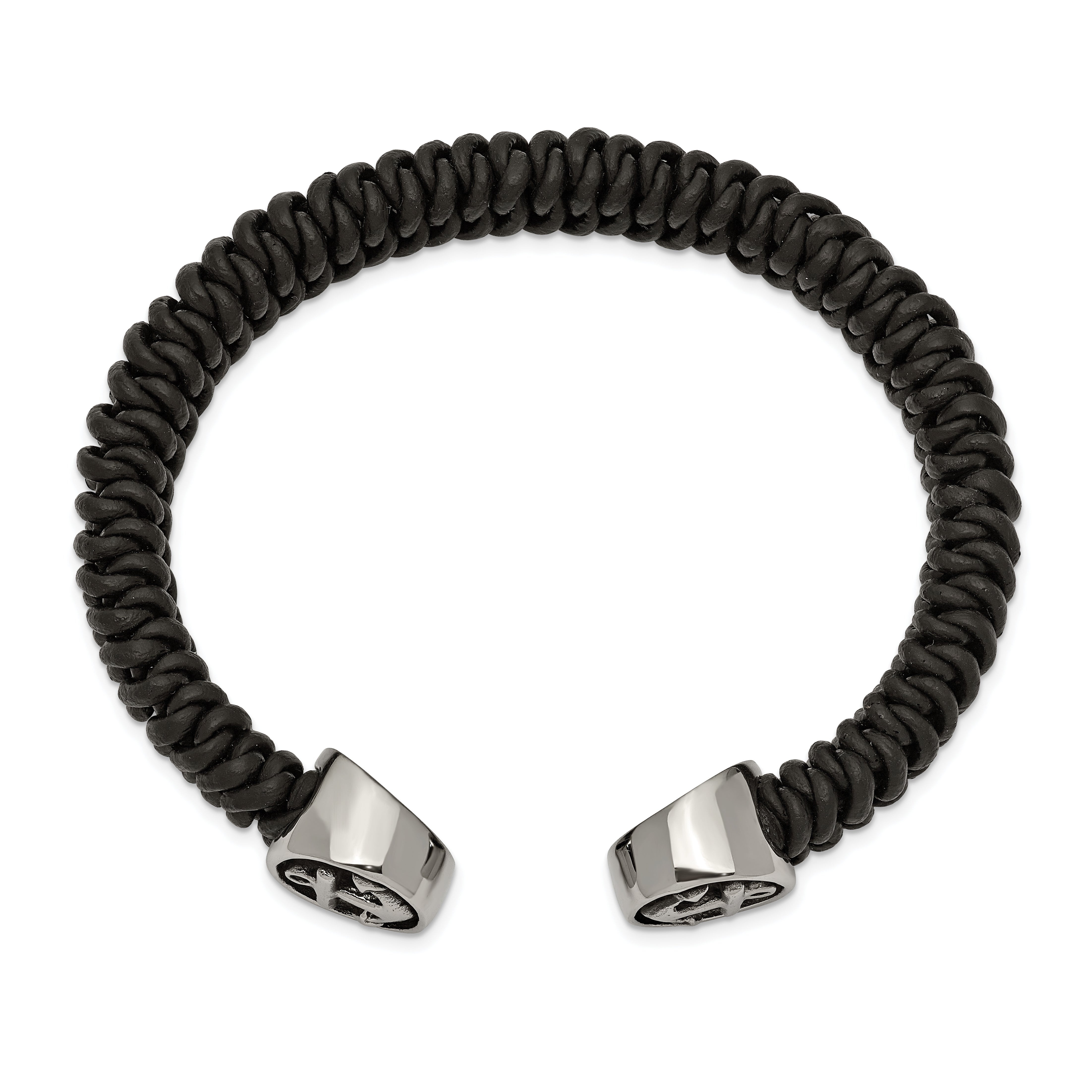 Chisel Stainless Steel Antiqued and Polished Black Leather Anchor Cuff Bangle