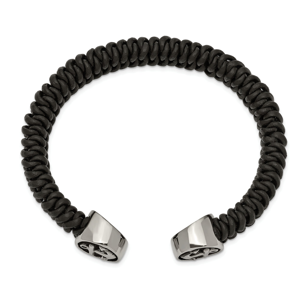 Chisel Stainless Steel Antiqued and Polished Black Leather Anchor Cuff Bangle
