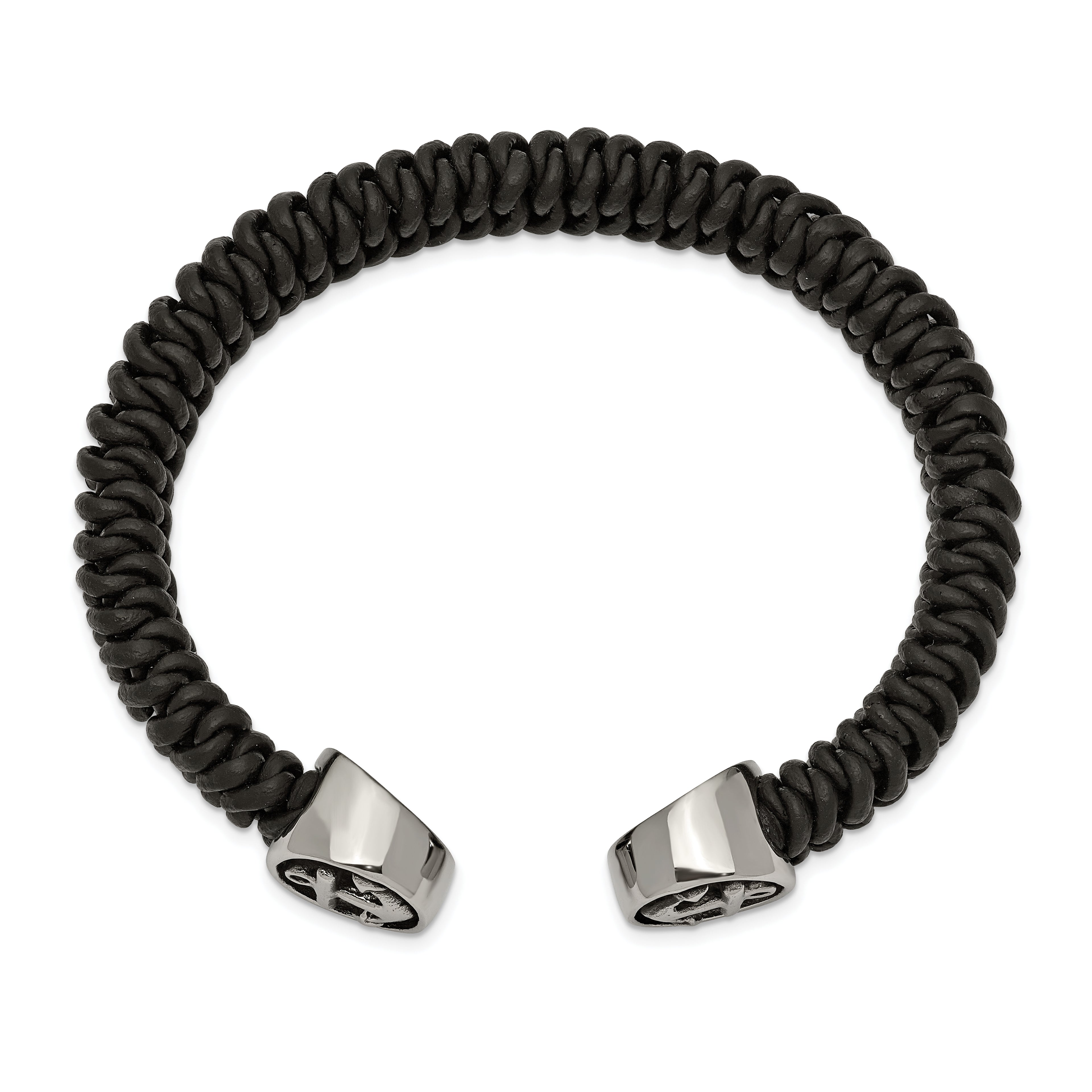 Chisel Stainless Steel Antiqued and Polished Black Leather Anchor Cuff Bangle
