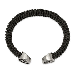 Chisel Stainless Steel Antiqued and Polished Black Leather Anchor Cuff Bangle