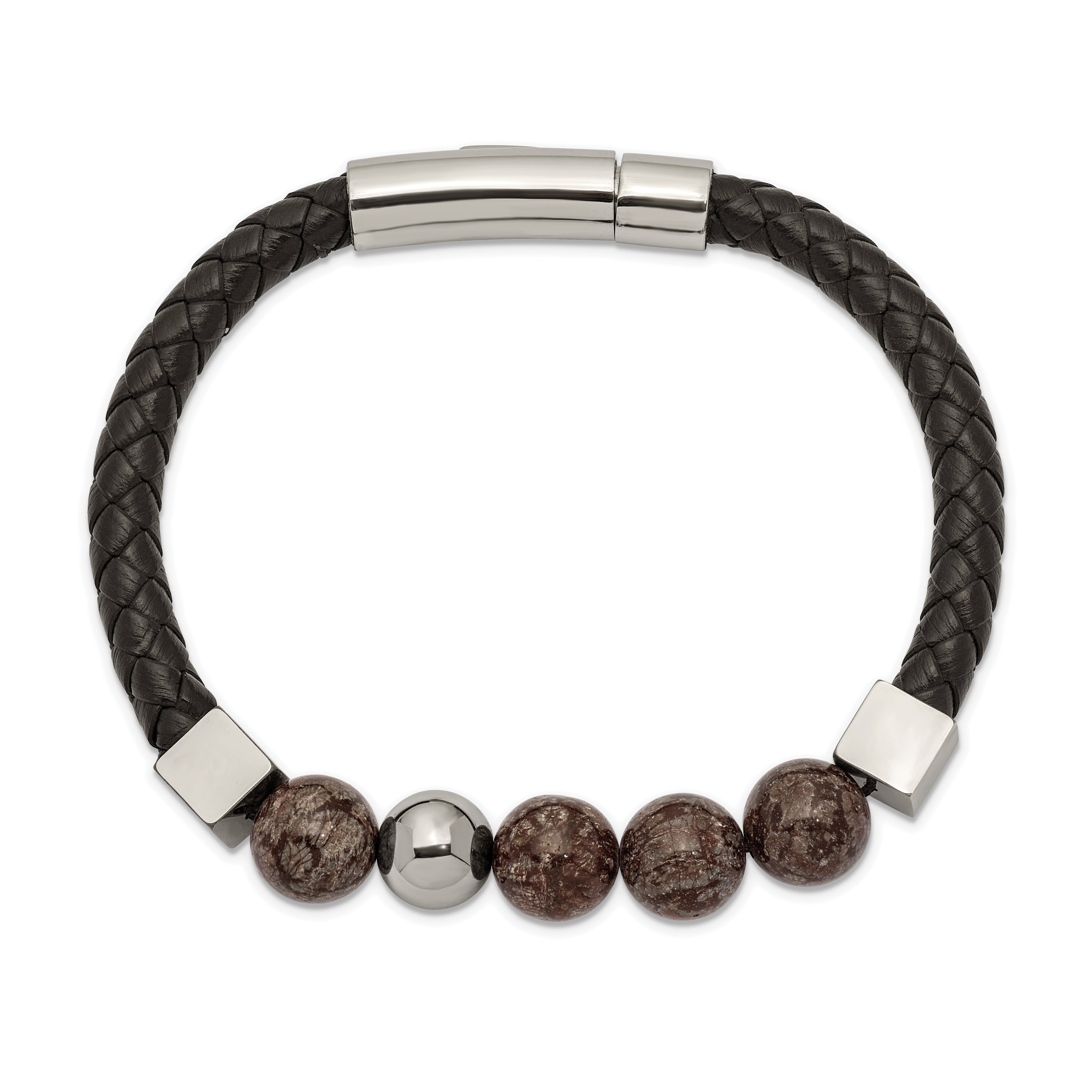Chisel Stainless Steel Polished with Labradorite Beads Black Leather 8.25 inch Bracelet