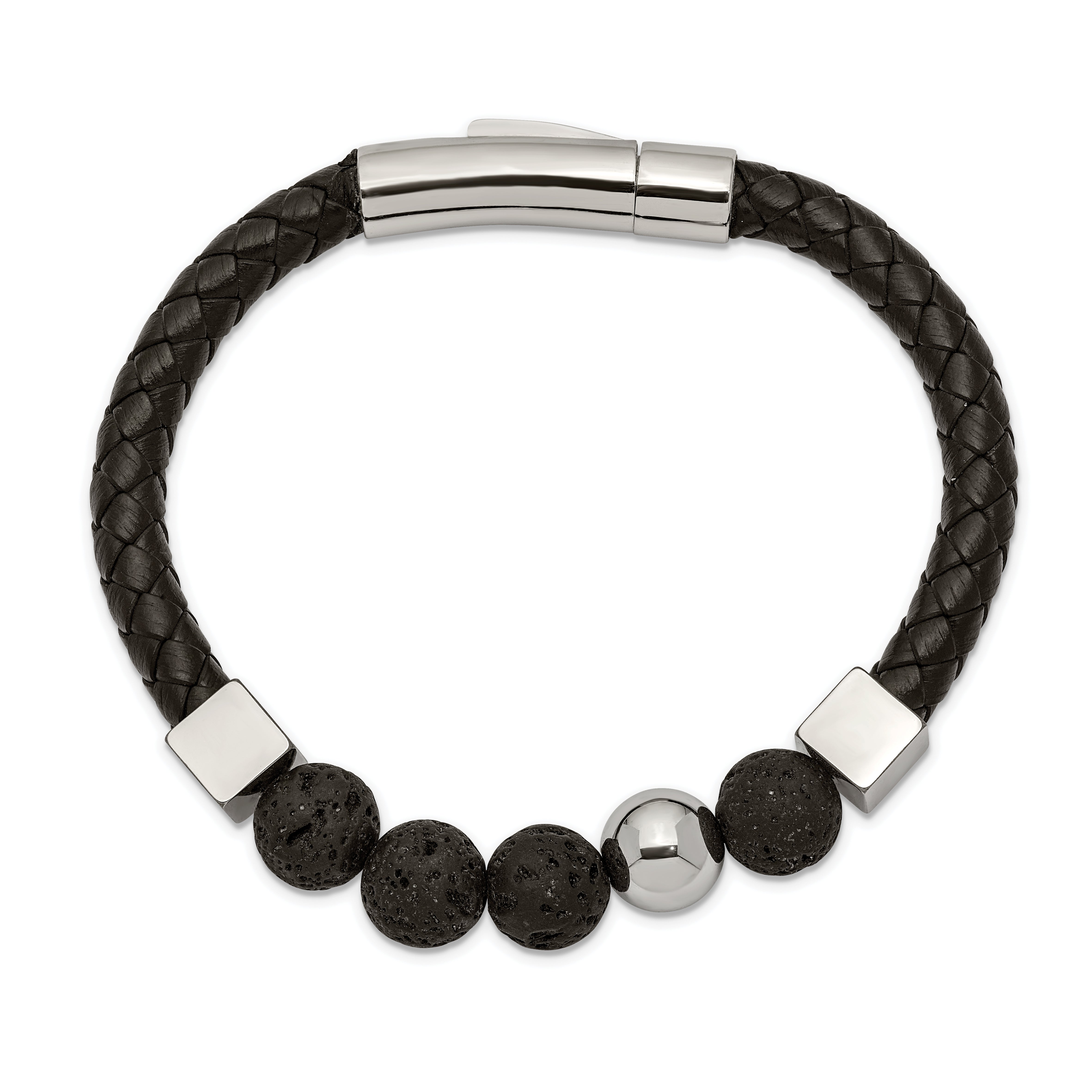 Chisel Stainless Steel Polished with Lava Stone Beads Black Leather 8 inch Bracelet