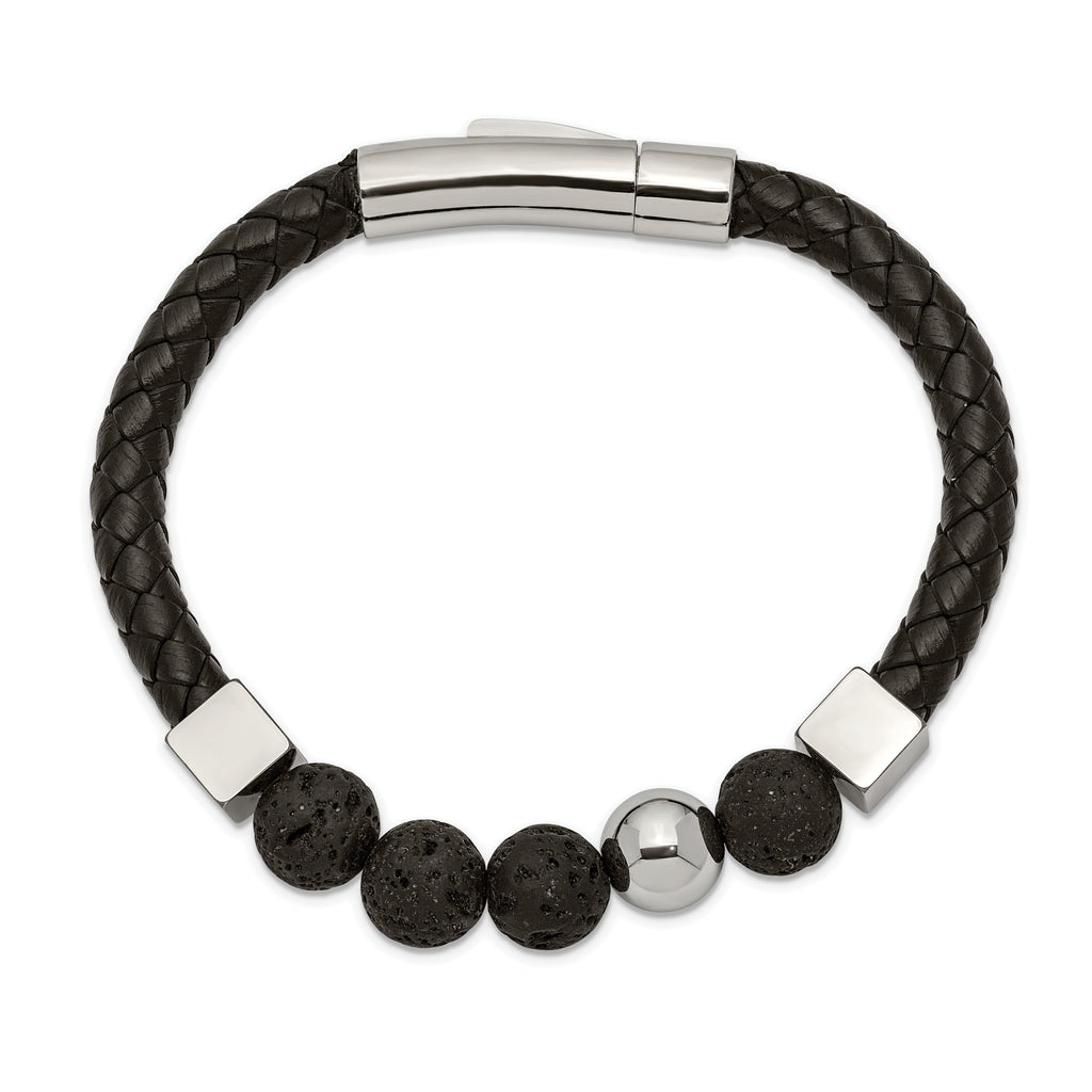 Chisel Stainless Steel Polished with Lava Stone Beads Black Leather 8 inch Bracelet